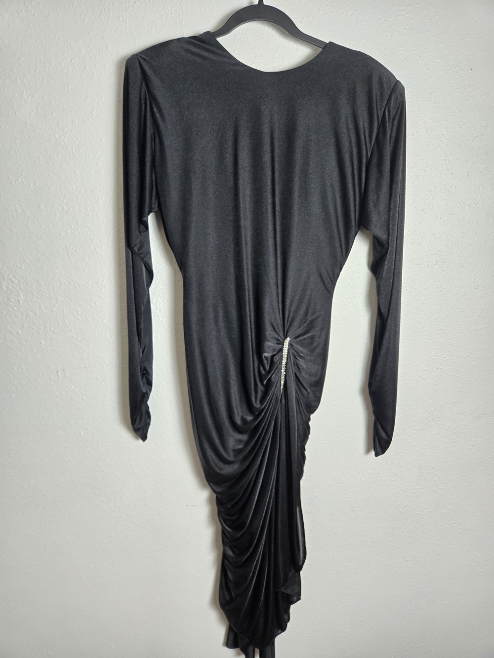 Black Ruched Long-Sleeve Women's Dress with Rhinestone Accent Vintage 80s